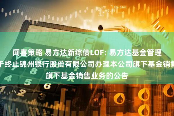 闻喜策略 易方达新综债LOF: 易方达基金管理有限公司关于终止锦州银行股份有限公司办理本公司旗下基金销售业务的公告
